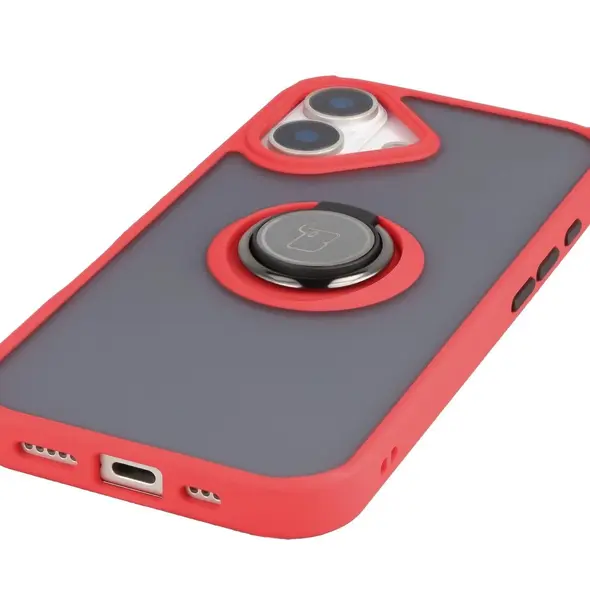 Etui z uchwytem na palec Bizon Case Hybrid Ring do Apple iPhone 17 przydymione z czerwoną ramką