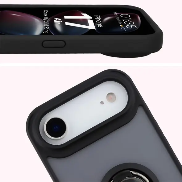 Etui z uchwytem na palec Bizon Case Hybrid Ring do Apple iPhone 17 Air przydymione z czarną ramką