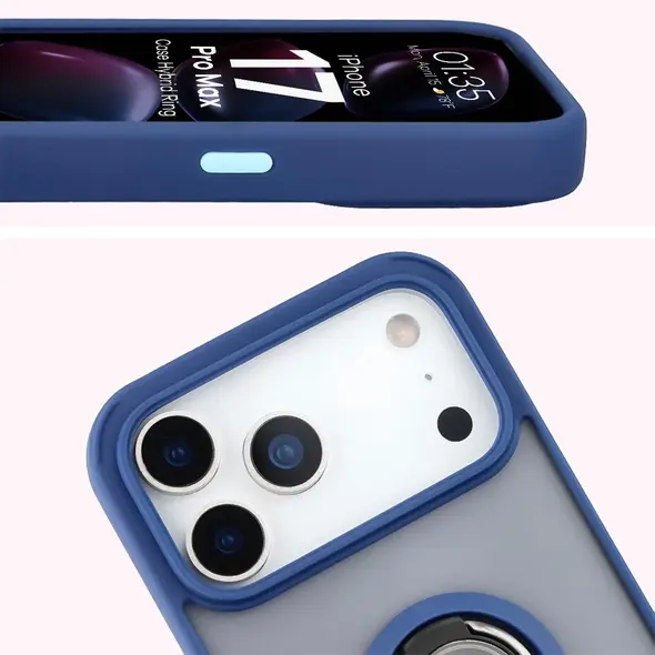 Etui z uchwytem na palec Bizon Case Hybrid Ring do Apple iPhone 17 Pro Max przydymione z granatową ramką
