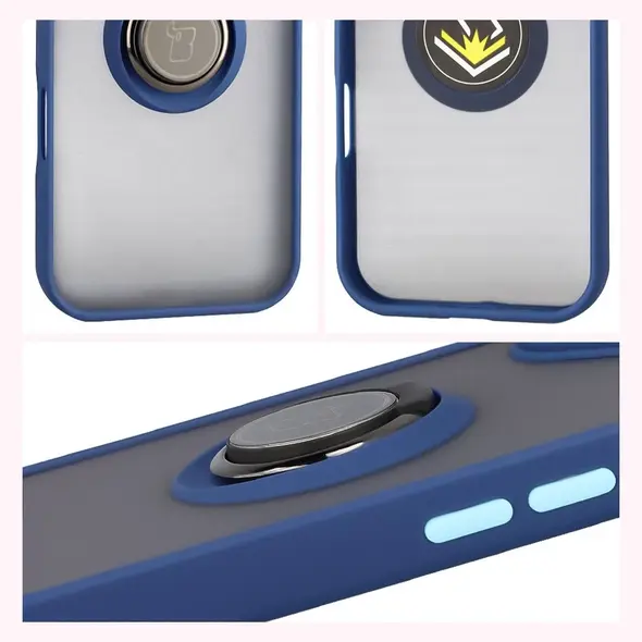 Etui z uchwytem na palec Bizon Case Hybrid Ring do Apple iPhone 17 przydymione z granatową ramką