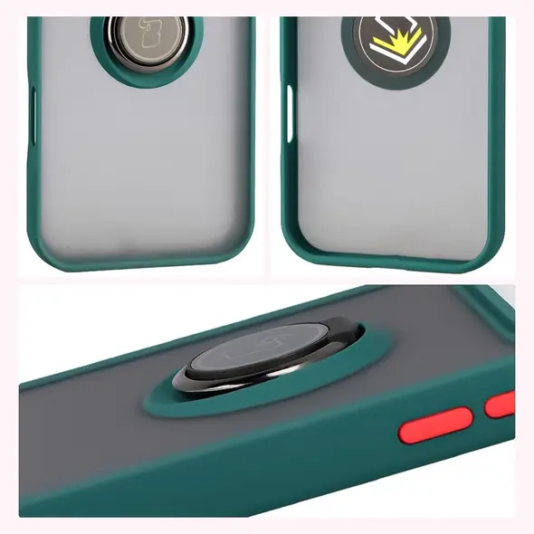 Etui z uchwytem na palec Bizon Case Hybrid Ring do Apple iPhone 17 Pro Max przydymione z ciemnozieloną ramką