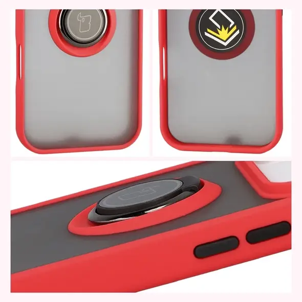 Etui z uchwytem na palec Bizon Case Hybrid Ring do Apple iPhone 17 Pro przydymione z czerwoną ramką