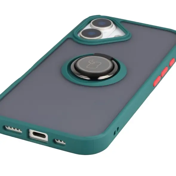 Etui z uchwytem na palec Bizon Case Hybrid Ring do Apple iPhone 17 przydymione z ciemnozieloną ramką