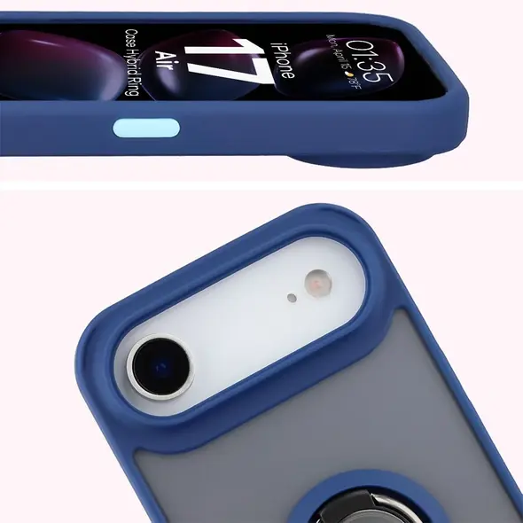 Etui z uchwytem na palec Bizon Case Hybrid Ring do Apple iPhone 17 Air przydymione z granatową ramką