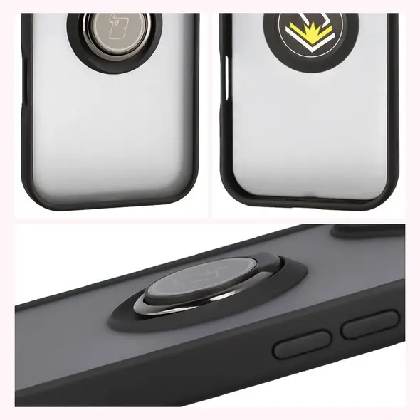Etui z uchwytem na palec Bizon Case Hybrid Ring do Apple iPhone 17 przydymione z czarną ramką