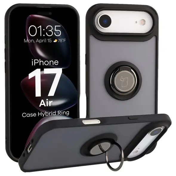 Etui z uchwytem na palec Bizon Case Hybrid Ring do Apple iPhone 17 Air przydymione z czarną ramką