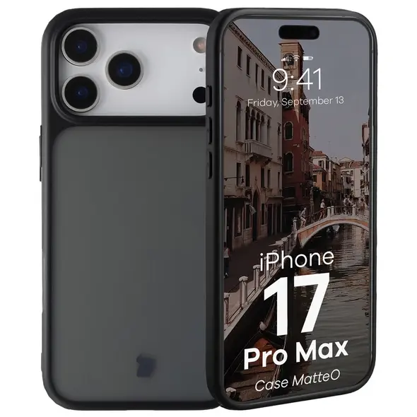 Etui Bizon Case Angelo do Apple iPhone 17 Pro Max przydymione z czarną ramką