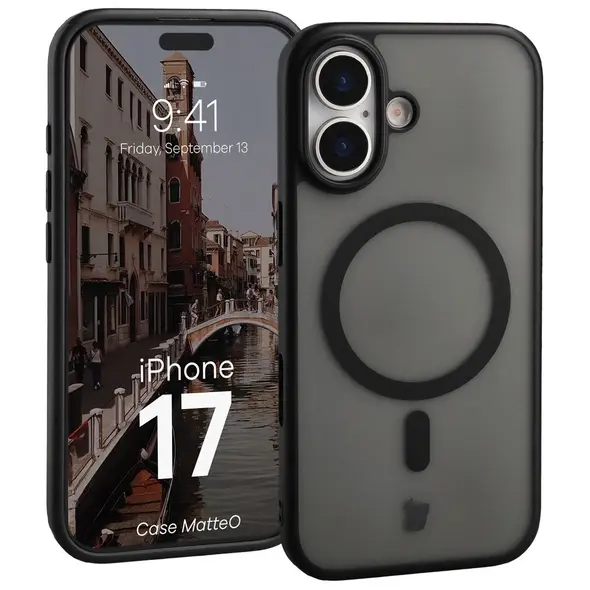 Etui z pierścieniem magnetycznym Bizon Case MatteO do Apple iPhone 17 przydymione-czarne