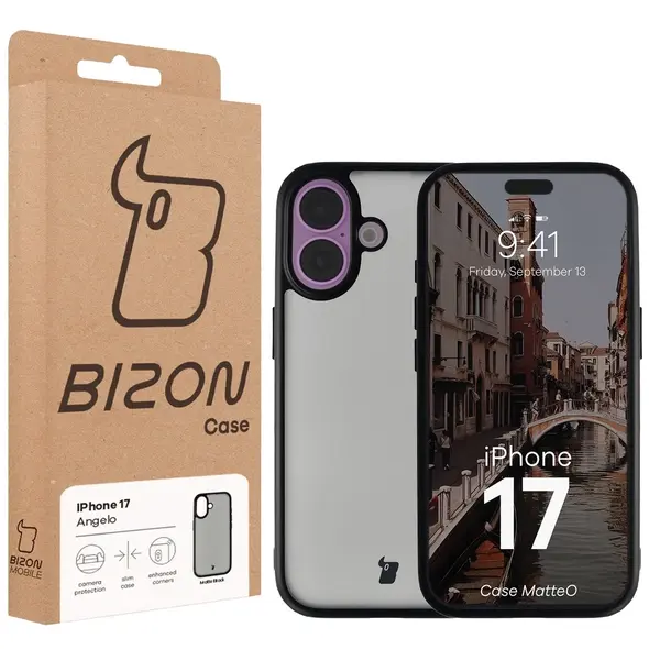 Etui Bizon Case Angelo do Apple iPhone 17 przydymione z czarną ramką