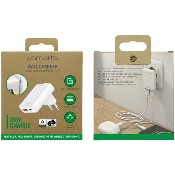 Ładowarka sieciowa 4smarts FlatPlug Duos 20W GaN USB-C + USB-A biały