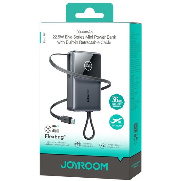 Powerbank Joyroom JR-PR1 10000mAh 22,5W z wbudowanym zwijanym kablem USB-C - czarny