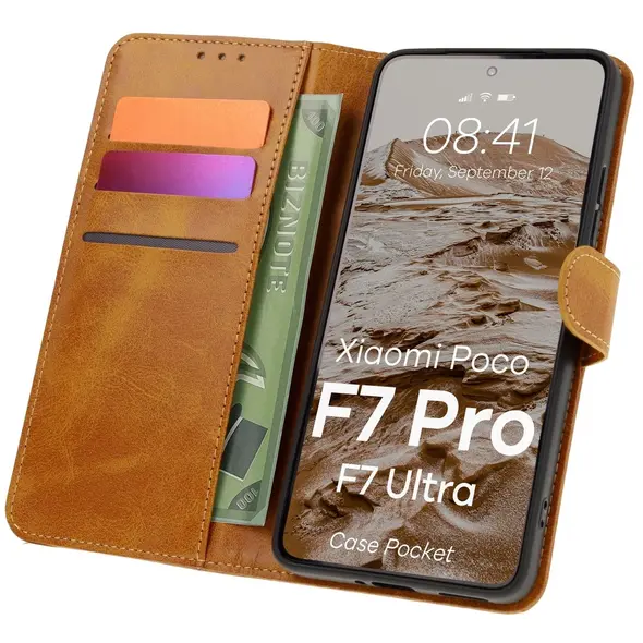 Etui z klapką Bizon Case Pocket do Xiaomi POCO F7 Pro / F7 Ultra brązowe