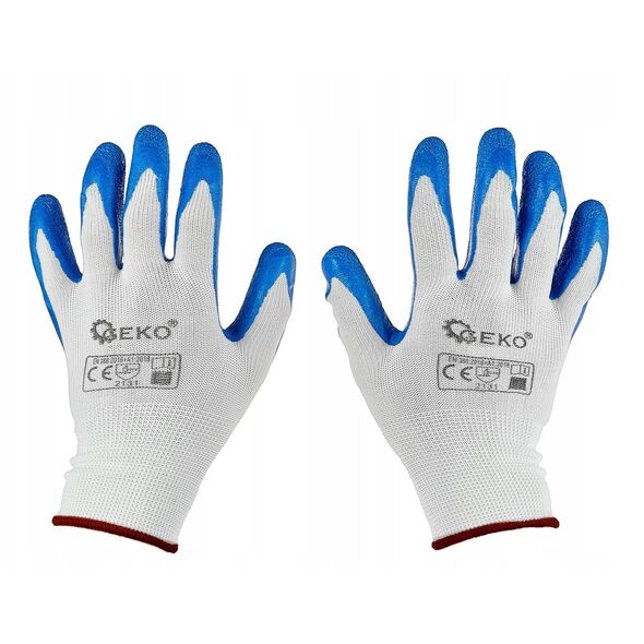 Rękawice ochronne poliestrowe r. 9 /latex biało-niebieskie/ (12/240)
