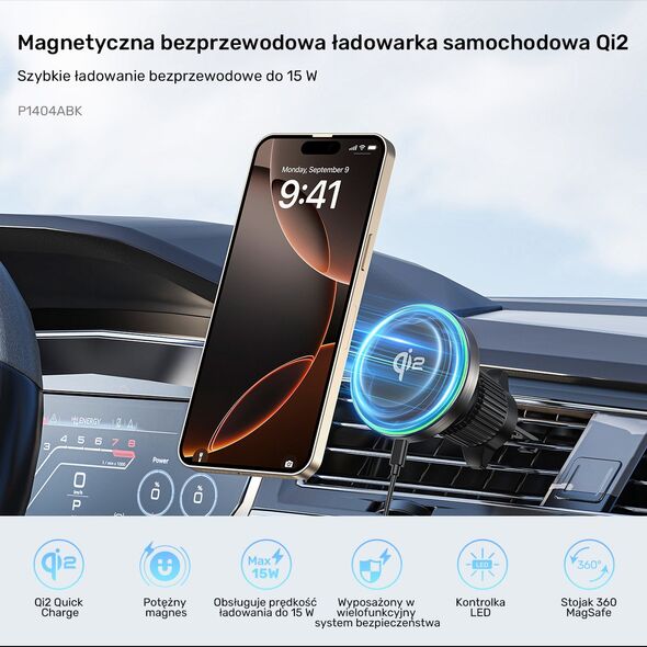 Uchwyt samochodowy Unitek 38W, Qi2