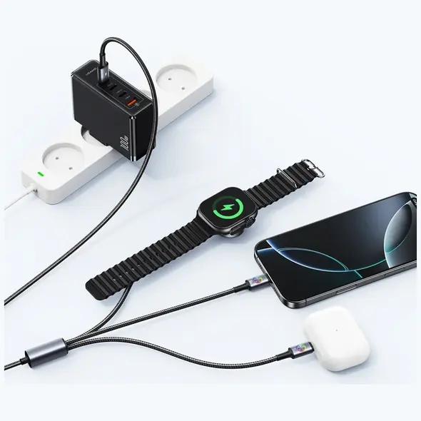 Kabel USAMS Huan Series SJ754 72W USB-C  do USB-C + USB-C + ładowarka bezprzewodowa do zegarka tarnish