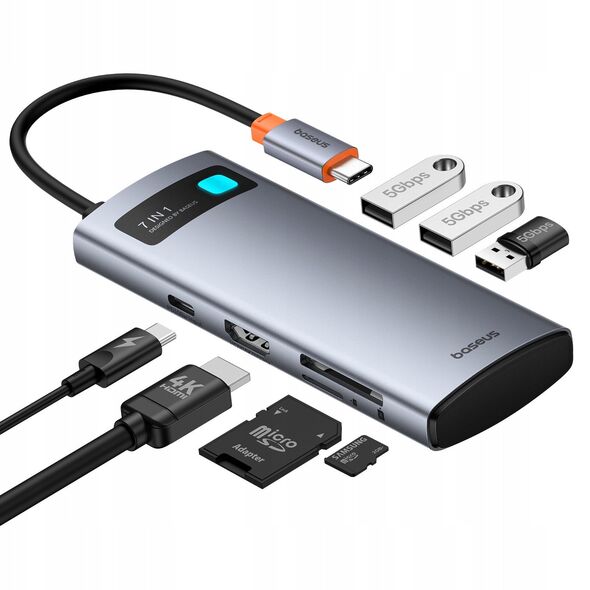 Hub USB-C Baseus Metal Gleam 7w1 HDMI 4K 60Hz / 3x USB 3.0 / USB-C PD / SD / microSD – szary