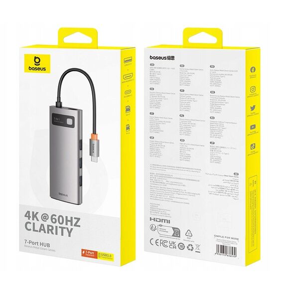 Hub USB-C Baseus Metal Gleam 7w1 HDMI 4K 60Hz / 3x USB 3.0 / USB-C PD / SD / microSD – szary