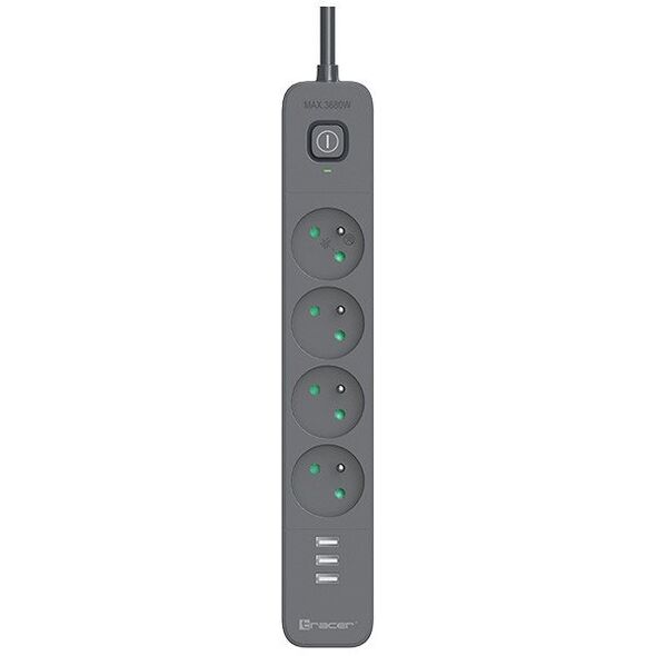 Listwa zasilająca antyprzepięciowa TRACER Power Line+ mobile ready 5 m (4 gniazda + 3x USB A, 5V 2,4A)