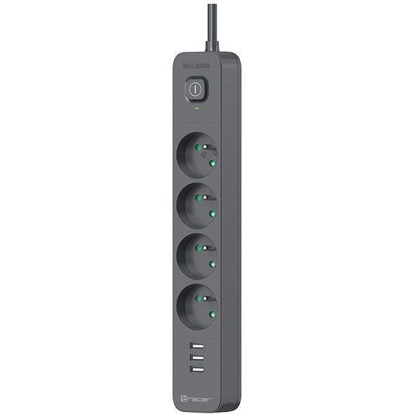 Listwa zasilająca antyprzepięciowa TRACER Power Line+ mobile ready 5 m (4 gniazda + 3x USB A, 5V 2,4A)