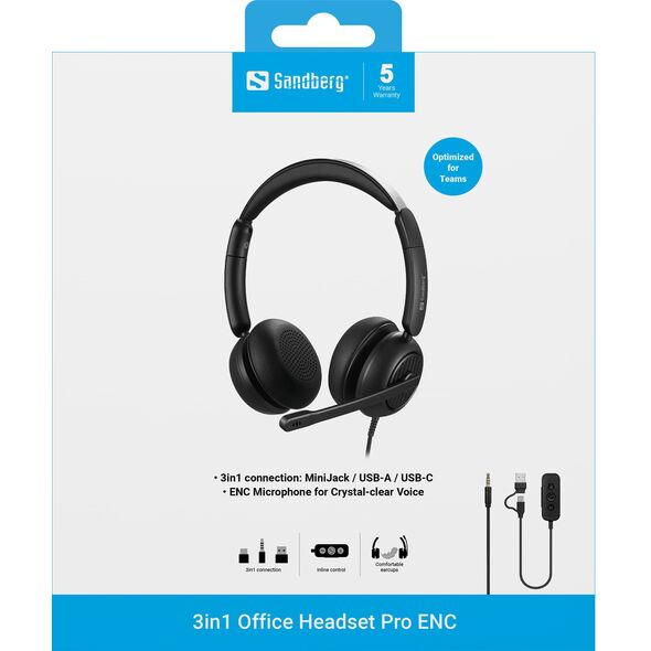 Sandberg 126-54 słuchawki/zestaw słuchawkowy Przewodowa Opaska na głowę Biuro/centrum telefoniczne USB Type-C / USB Type-A Czarny