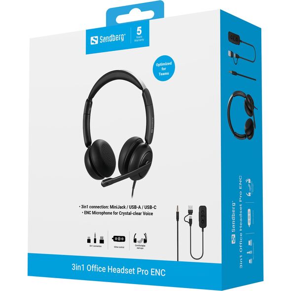 Sandberg 126-54 słuchawki/zestaw słuchawkowy Przewodowa Opaska na głowę Biuro/centrum telefoniczne USB Type-C / USB Type-A Czarny
