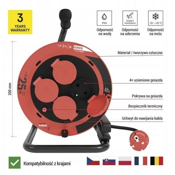 Przedłużacz Emos P084253 zwijany gumowy - 4 gniazda 3x1 25m