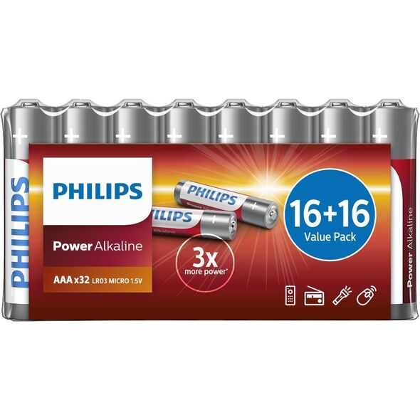 Philips Power Alkaline Battery LR03P32FV/10, Single-use battery, AAA, Alkaline, 1.5 V, 32 pc(s), 3 year(s)