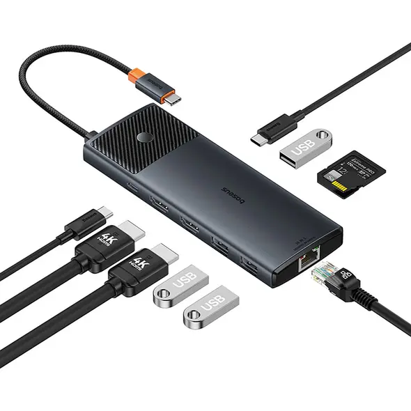 HUB Baseus Metal Gleam II USB-C / HDMI 4K@120Hz, HDMI 4K@60Hz, USB-A 3.2 10Gbps, USB-C 3.2 10Gbps, 2xUSB-A 2.0 480Mbps, USB-C PD 100W, RJ45 1000Mbps, SD/TF szary