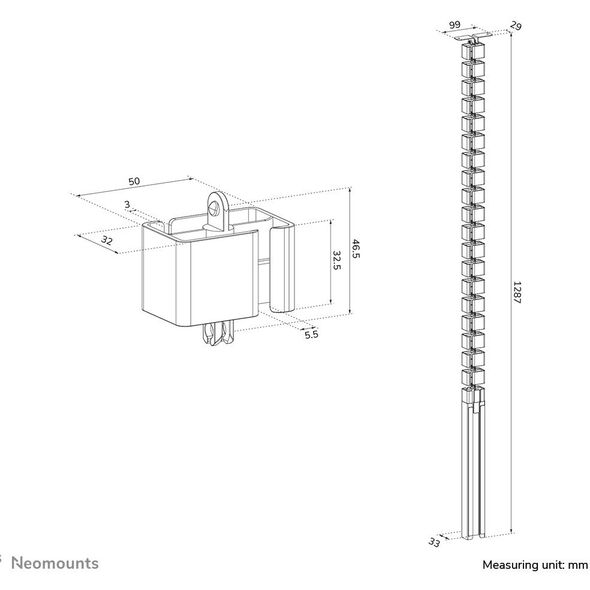NEOMOUNTS Cable Spine Organizer for sit/stand desk frames screw mounted magnetic channel black