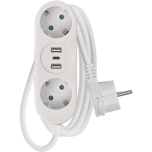 Ilgiklis 2 lizdu 1.4m, 2x USB + 1x USB-C (max galia 17W) 3x1.5 mm2 baltas EMOS