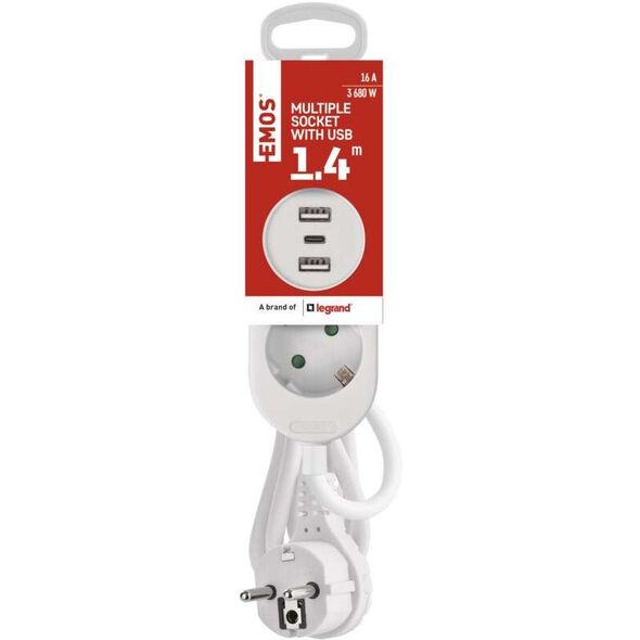 Ilgiklis 2 lizdu 1.4m, 2x USB + 1x USB-C (max galia 17W) 3x1.5 mm2 baltas EMOS