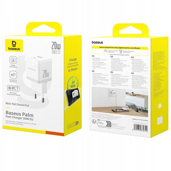 Ładowarka sieciowa Baseus Palm 20W USB-A, USB-C biała