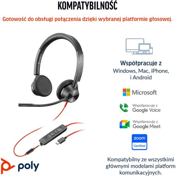 POLY Blackwire 3325 Stereo Microsoft Teams Certified USB-C Headset +3.5mm Plug +USB-C/A Adapter Przewodowa Opaska na głowę Biuro/centrum telefoniczne USB Type-C