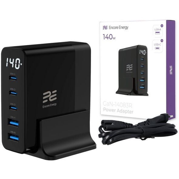 Ładowarka sieciowa Encore Energy GaN QC 4+ 5.0 PD 3.0 USB-A x2 USB-C x3 140W GaN-14083R z wyświetlaczem + kabel USB-C 2m standard
