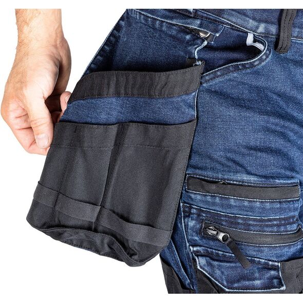 Spodnie robocze DENIM, wzmocnienia Cordura, odpinane kieszenie kaburowe, granatowe, rozmiar M