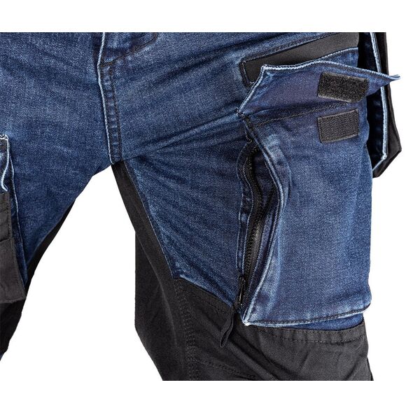 Spodnie robocze DENIM, wzmocnienia Cordura, odpinane kieszenie kaburowe, granatowe, rozmiar M
