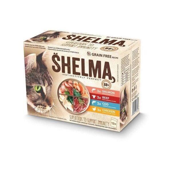 SHELMA saszetka - pełnoporcjowa bezzbożowa karma dla dorosłych kotów. Z kurczakiem, wołowiną, łososiem, dorszem 12x 85 g