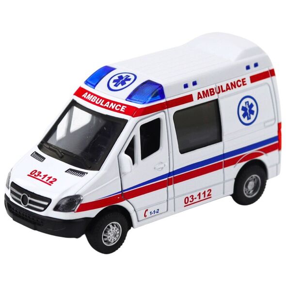 Karetka Ambulans Metalowy Z Napędem Pull Back Światła Dźwięki Biały 1:32 LEAN Toys