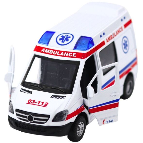 Karetka Ambulans Metalowy Z Napędem Pull Back Światła Dźwięki Biały 1:32 LEAN Toys