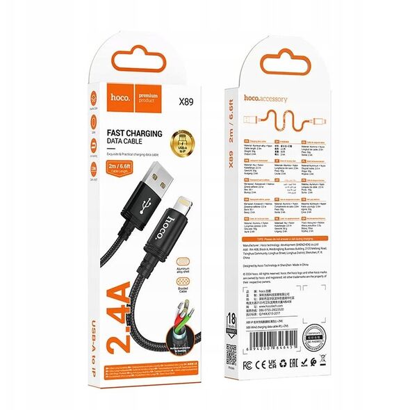 Kabel USB A do Lightning Hoco 2,4A 2 m X89 czarny