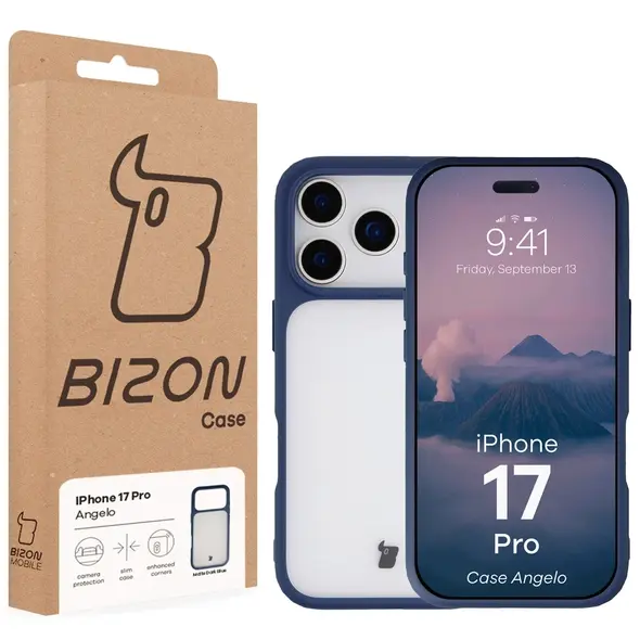Etui Bizon Case Angelo do Apple iPhone 17 Pro półprzezroczyste z granatową ramką