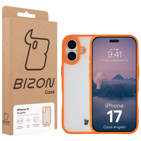 Etui Bizon Case Angelo do Apple iPhone 17 półprzezroczyste z pomarańczową ramką