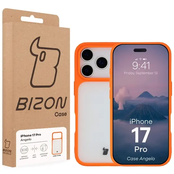 Etui Bizon Case Angelo do Apple iPhone 17 Pro półprzezroczyste z pomarańczową ramką