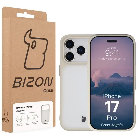Etui Bizon Case Angelo do Apple iPhone 17 Pro półprzezroczyste z beżową ramką