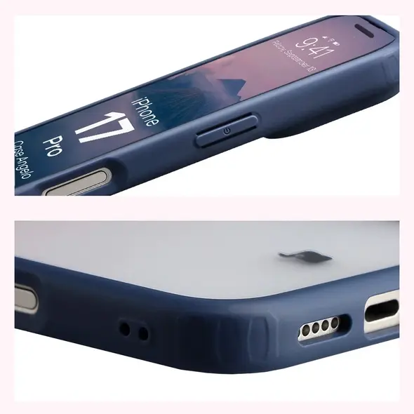 Etui Bizon Case Angelo do Apple iPhone 17 Pro półprzezroczyste z granatową ramką