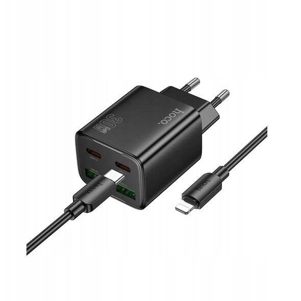 Ładowarka sieciowa do telefonu Hoco 2 x USB C + 2 x USB A QC3.0 PD 3A 30W + kabel USB C do Lightning N56 czarna