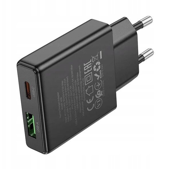 Ładowarka sieciowa do telefonu Hoco Slim USB A + USB C QC3.0 PD 3A 20W N38 czarna