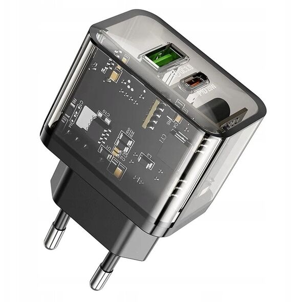Ładowarka sieciowa do telefonu Hoco USB A + USB C QC3.0 PD 3A 20W N34 transparentna