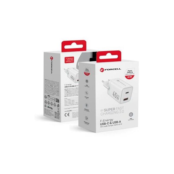 Ładowarka sieciowa do telefonu Forcell F-Energy Mini GaN III USB C + USB A PD QC4.0 45W VT-36 biała
