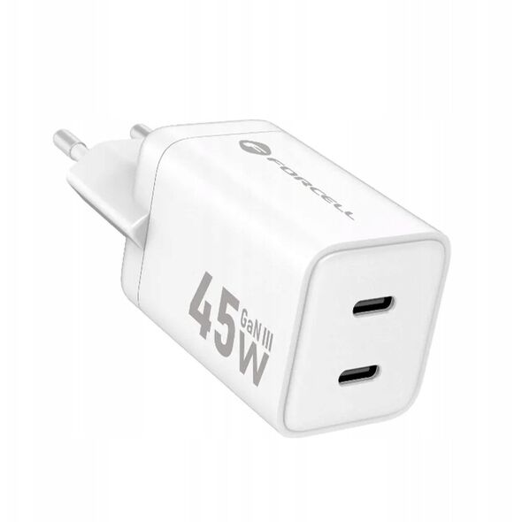 Ładowarka sieciowa do telefonu Forcell F-Energy Mini GaN III 2 x USB C PD QC4.0 45W VT-36B biała